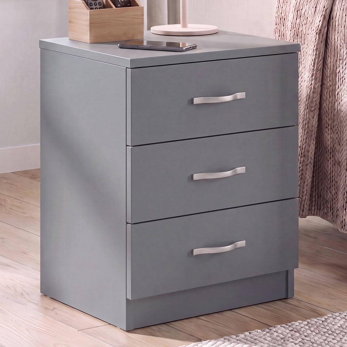 Riano 3 Drawer Bedside  Chest Set Grey Bedroom Storage Unit
