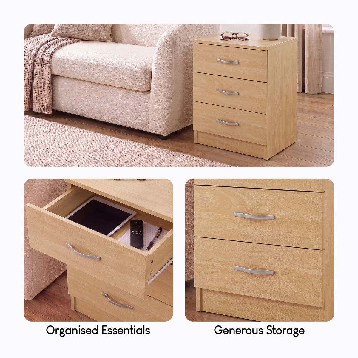 Riano 3 Drawer Bedside  Chest Set Pine Bedroom Storage Unit
