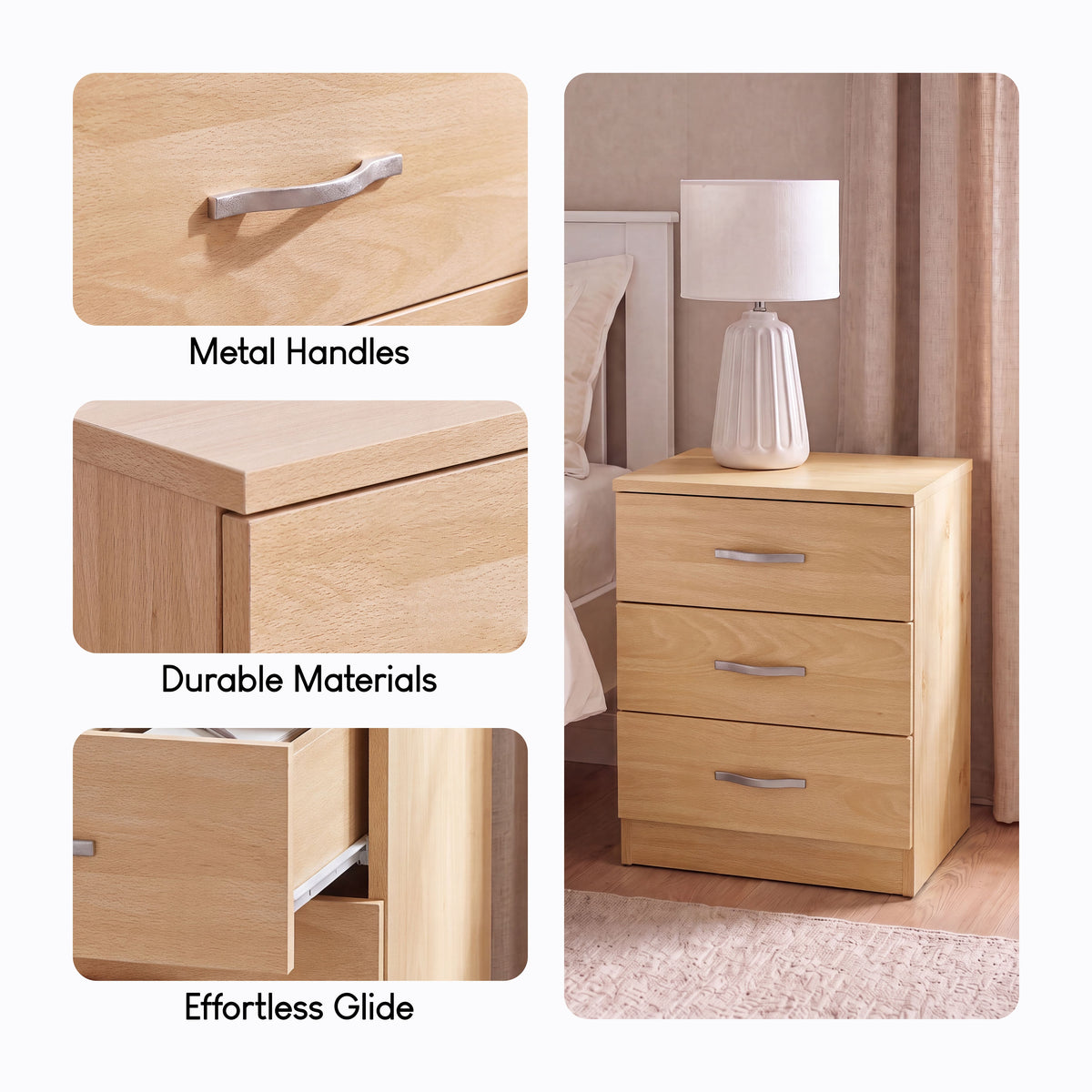 Riano 3 Drawer Bedside  Chest Set Pine Bedroom Storage Unit

