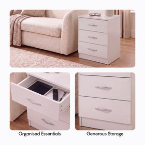 Riano 3 Drawer Bedside  Chest Set White Bedroom Storage Unit
