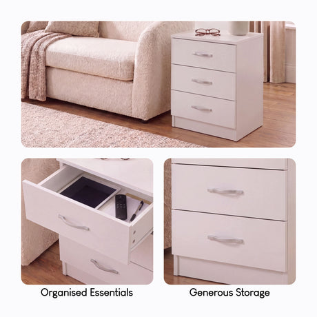 Riano 3 Drawer Bedside  Chest Set White Bedroom Storage Unit

