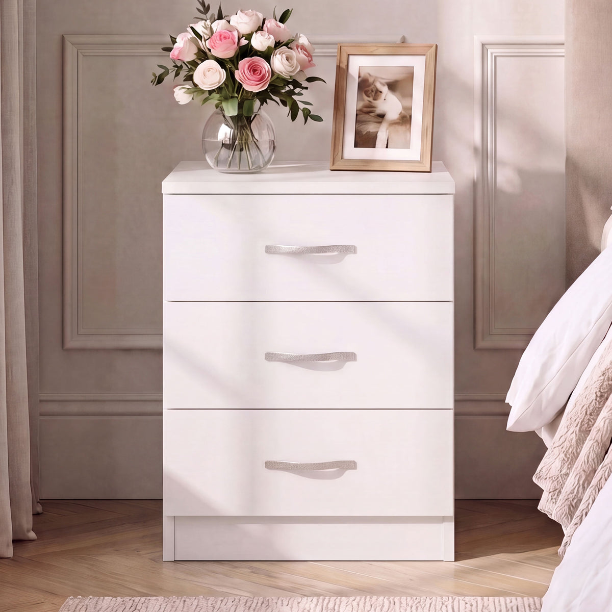Riano 3 Drawer Bedside  Chest Set White Bedroom Storage Unit
