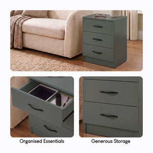 Riano 3 Drawer Bedside  Chest Set Green Bedroom Storage Unit
