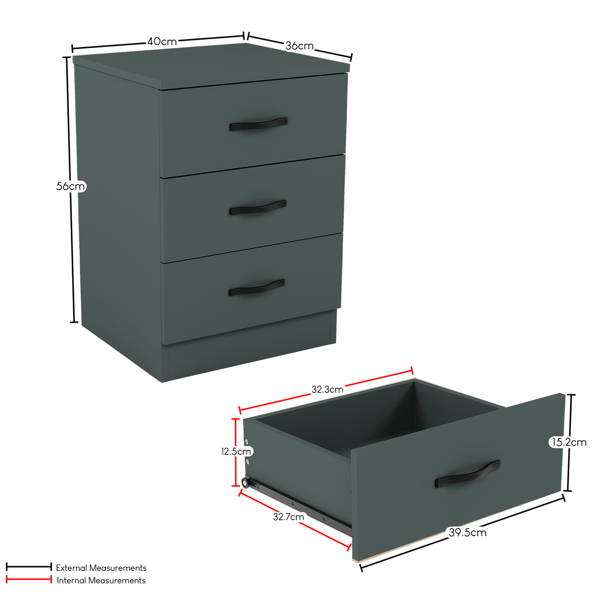 Riano 3 Drawer Bedside  Chest Set Green Bedroom Storage Unit
