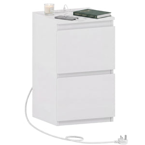 Denver 2 Drawer small Bedside Chest Table, white, with Power Outlet for bedroom storage
