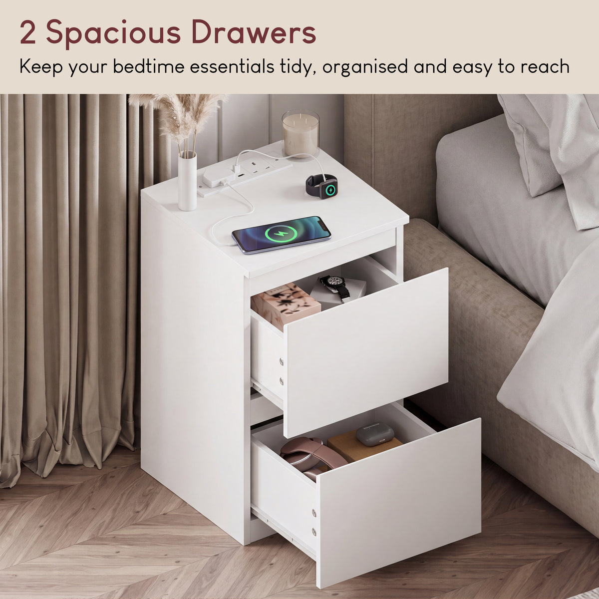 Denver 2 Drawer small Bedside Chest Table, white, with Power Outlet for bedroom storage
