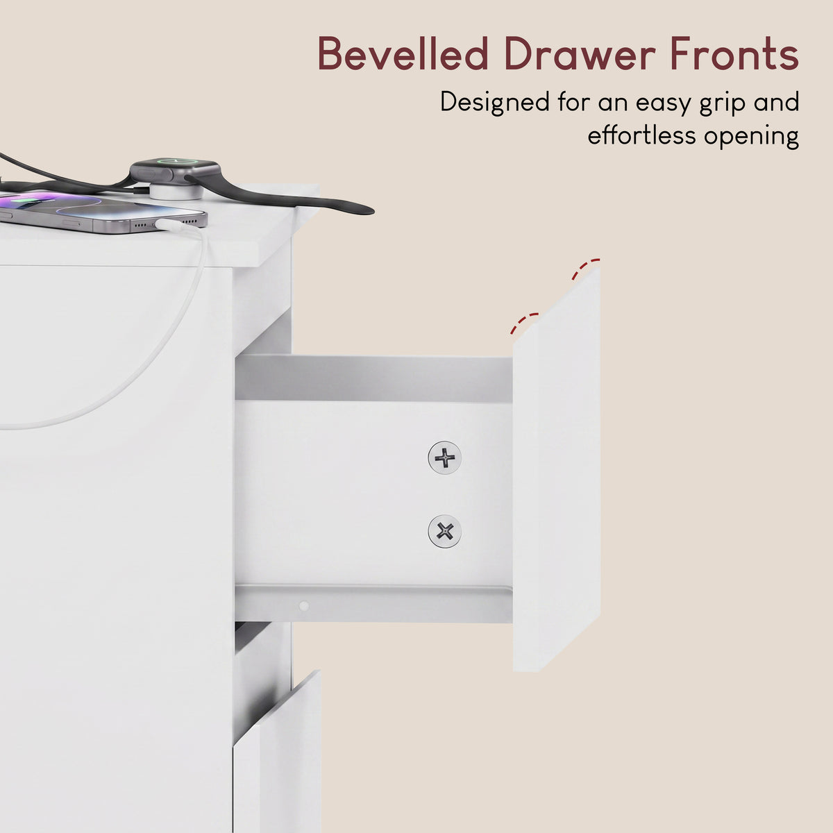 Denver 2 Drawer small Bedside Chest Table, white, with Power Outlet for bedroom storage
