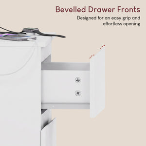 Denver 2 Drawer small Bedside Chest Table, white, with Power Outlet for bedroom storage
