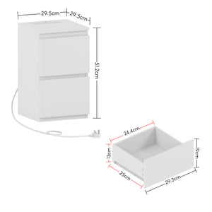 Denver 2 Drawer small Bedside Chest Table, white, with Power Outlet for bedroom storage

