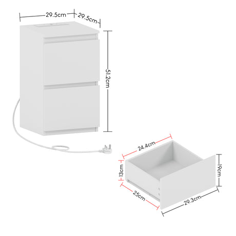 Denver 2 Drawer small Bedside Chest Table, white, with Power Outlet for bedroom storage
