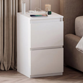 Denver 2 Drawer small Bedside Chest Table, white, with Power Outlet for bedroom storage
