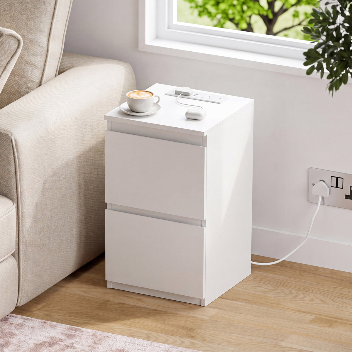 Denver 2 Drawer small Bedside Chest Table, white, with Power Outlet for bedroom storage
