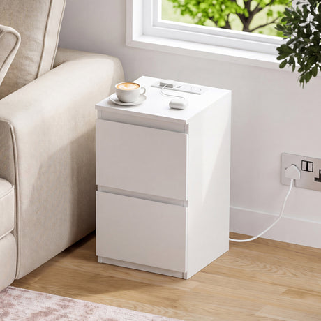 Denver 2 Drawer small Bedside Chest Table, white, with Power Outlet for bedroom storage
