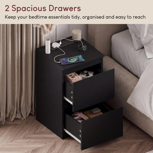 Denver 2 Drawer Bedside Chest Table with Power Outlet, Black