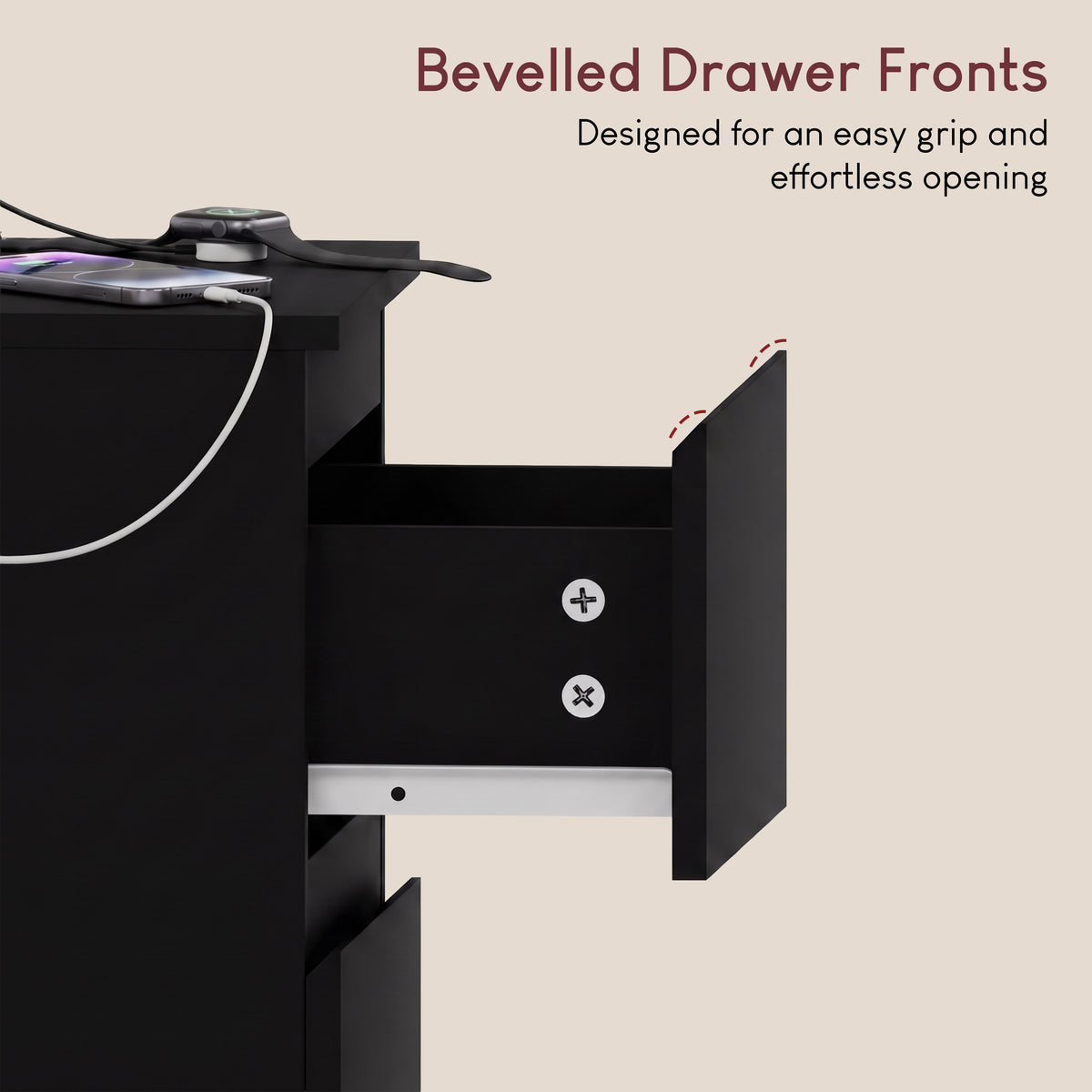 Denver 2 Drawer Bedside Chest Table with Power Outlet, Black