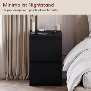 Denver 2 Drawer Bedside Chest Table with Power Outlet, Black