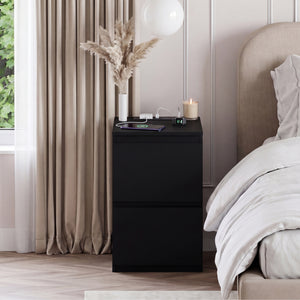 Denver 2 Drawer Bedside Chest Table with Power Outlet, Black