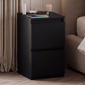Denver 2 Drawer Bedside Chest Table with Power Outlet, Black
