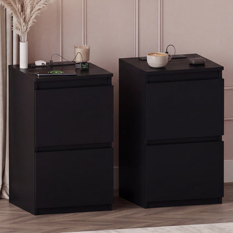 Denver 2 Drawer small Bedside Chest Table, black, with Power Outlet for bedroom Storage, Set
