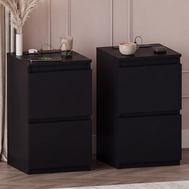 Denver 2 Drawer small Bedside Chest Table, black, with Power Outlet for bedroom Storage, Set
