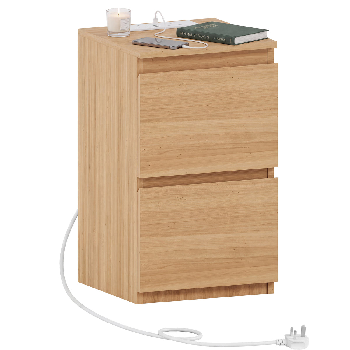 Denver 2 Drawer small Bedside Chest Table, pine, with Power Outlet for bedroom storage
