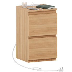 Denver 2 Drawer small Bedside Chest Table, pine, with Power Outlet for bedroom storage
