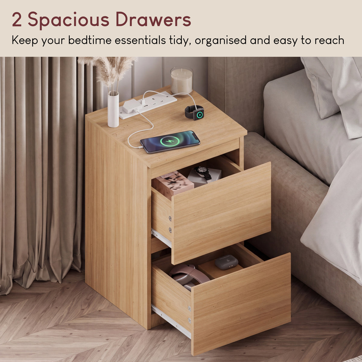 Denver 2 Drawer Bedside Chest Table with Power Outlet, Pine