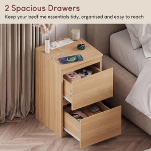Denver 2 Drawer Bedside Chest Table with Power Outlet, Pine