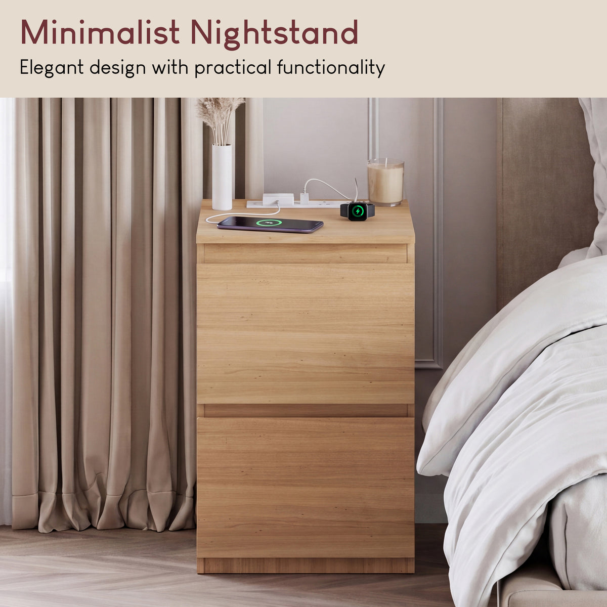 Denver 2 Drawer Bedside Chest Table with Power Outlet, Pine