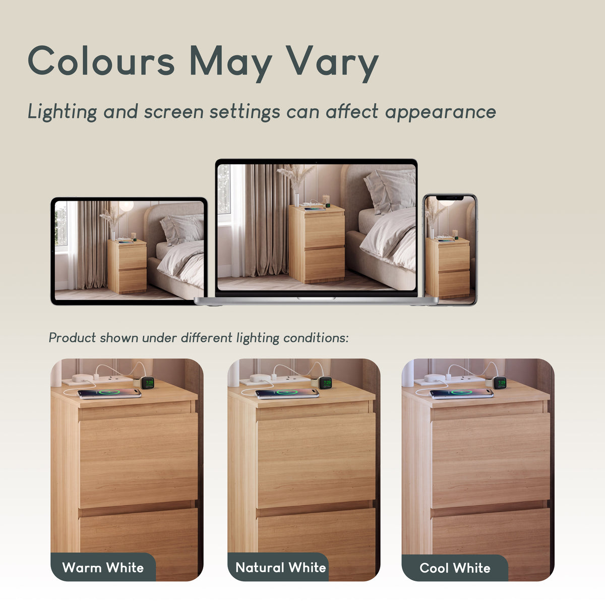 Denver 2 Drawer Bedside Chest Table with Power Outlet, Pine