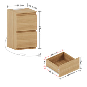 Denver 2 Drawer Bedside Chest Table with Power Outlet, Pine