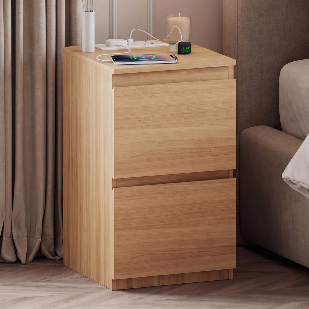 Denver 2 Drawer small Bedside Chest Table, pine, with Power Outlet for bedroom storage
