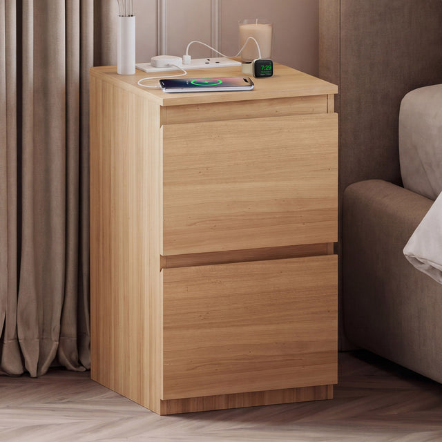 Denver 2 Drawer small Bedside Chest Table, pine, with Power Outlet for bedroom storage
