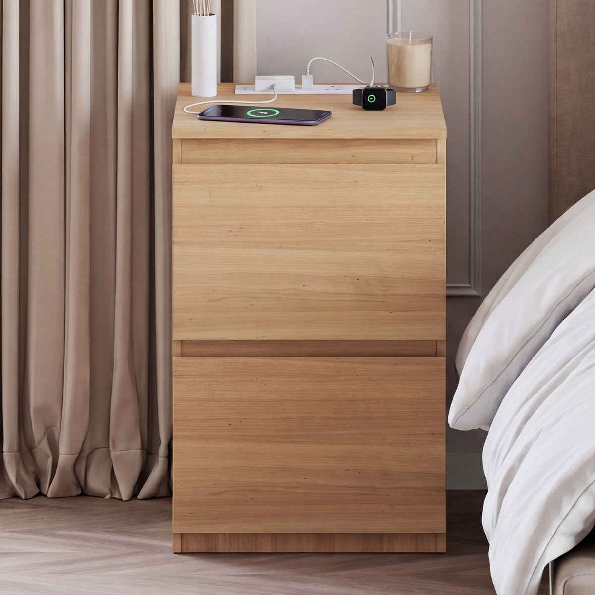 Denver 2 Drawer Bedside Chest Table with Power Outlet, Pine
