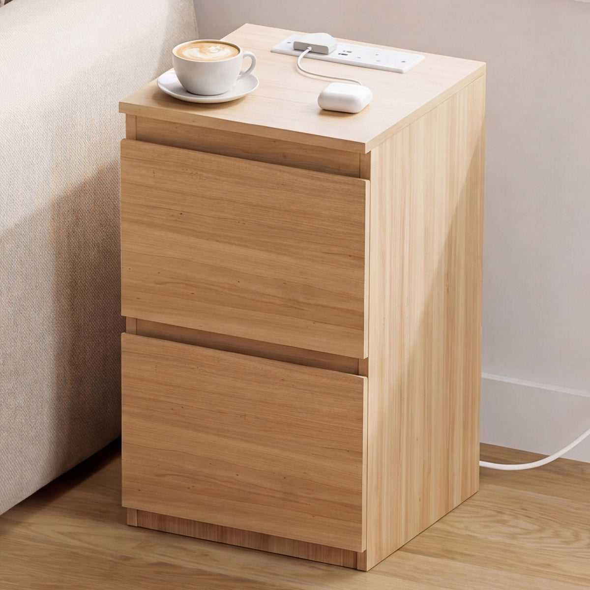 Denver 2 Drawer Bedside Chest Table with Power Outlet, Pine
