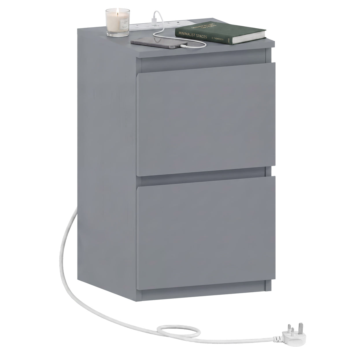 Denver 2 Drawer small Bedside Chest Table, grey, with Power Outlet for bedroom storage
