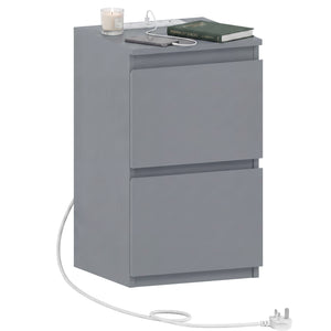 Denver 2 Drawer small Bedside Chest Table, grey, with Power Outlet for bedroom storage
