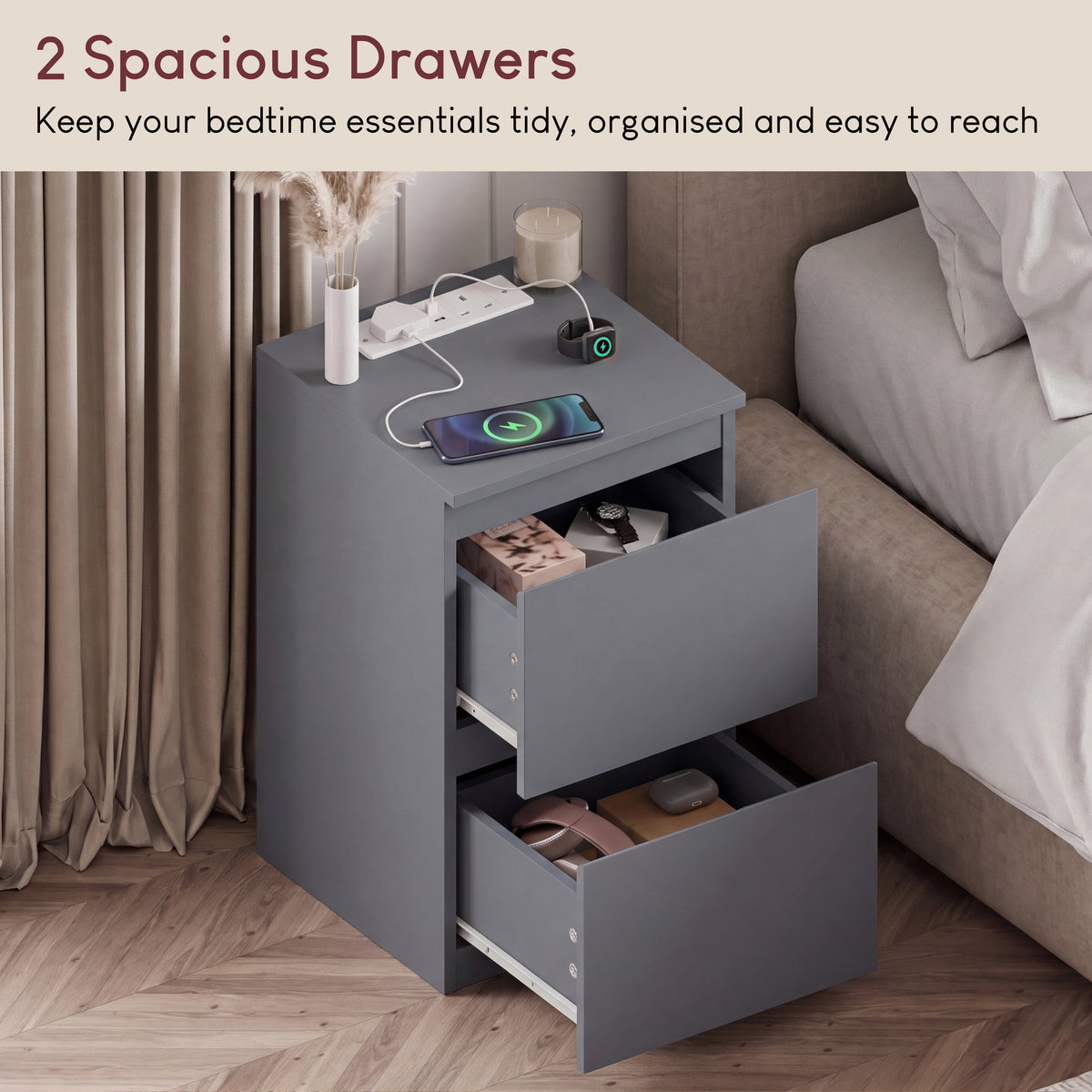 Denver 2 Drawer Bedside Chest Table with Power Outlet, Grey