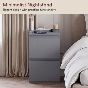 Denver 2 Drawer Bedside Chest Table with Power Outlet, Grey