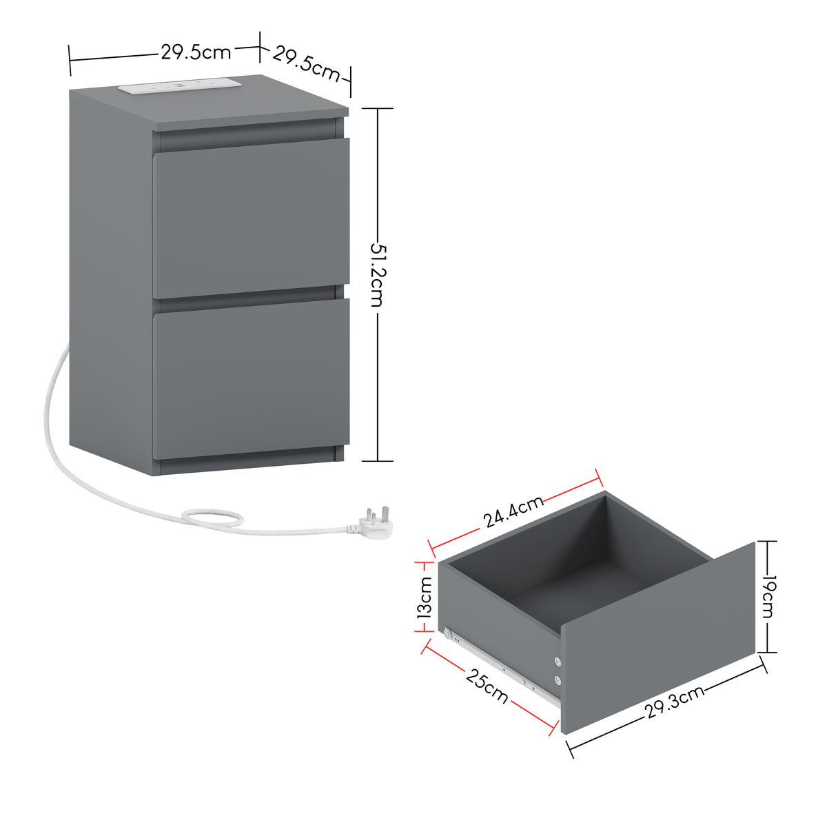 Denver 2 Drawer Bedside Chest Table with Power Outlet, Grey