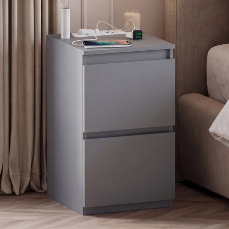 Denver 2 Drawer small Bedside Chest Table, grey, with Power Outlet for bedroom storage
