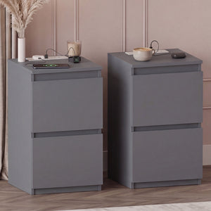 Denver 2 Drawer small Bedside Chest Table, grey, with Power Outlet for bedroom Storage, Set

