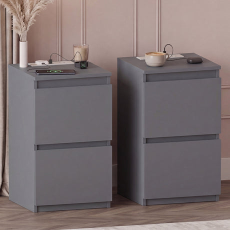 Denver 2 Drawer small Bedside Chest Table, grey, with Power Outlet for bedroom Storage, Set
