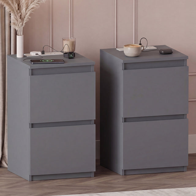 Denver 2 Drawer small Bedside Chest Table, grey, with Power Outlet for bedroom Storage, Set
