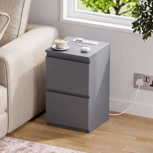 Denver 2 Drawer Bedside Chest Table with Power Outlet, Grey