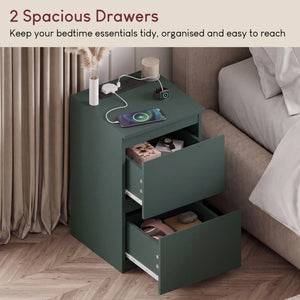 Denver 2 Drawer Bedside Chest Table with Power Outlet, Jasper Green