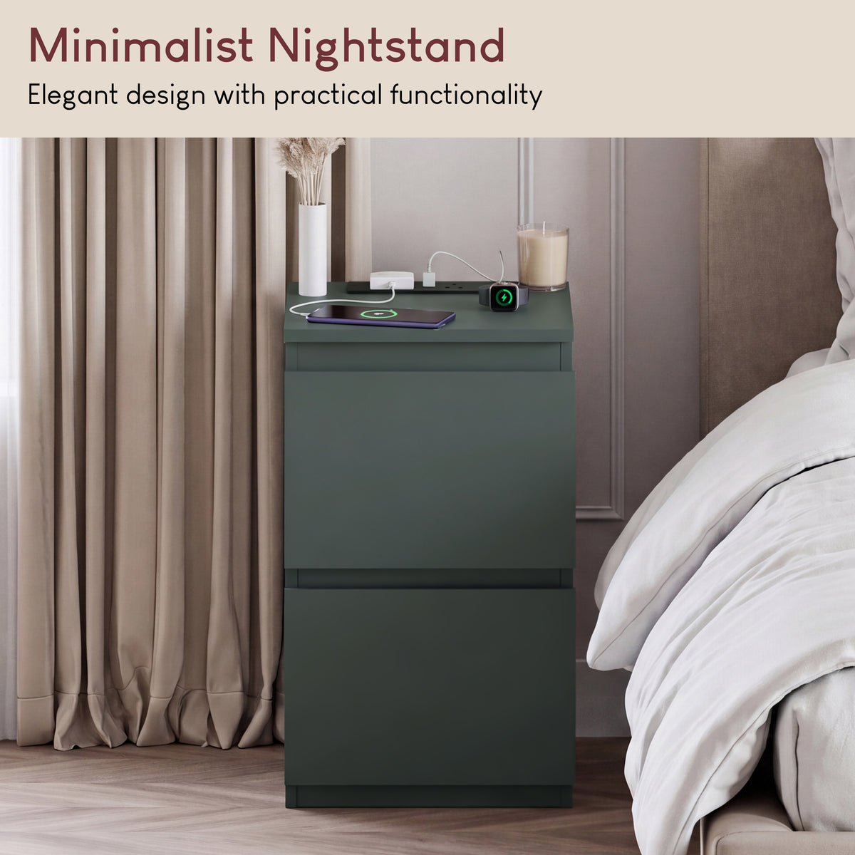 Denver 2 Drawer Bedside Chest Table with Power Outlet, Jasper Green