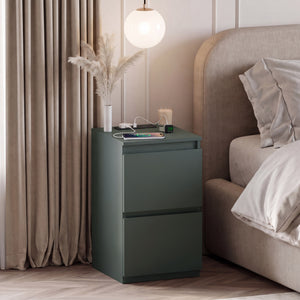 Denver 2 Drawer small Bedside Chest Table, Green, with Power Outlet for bedroom storage
