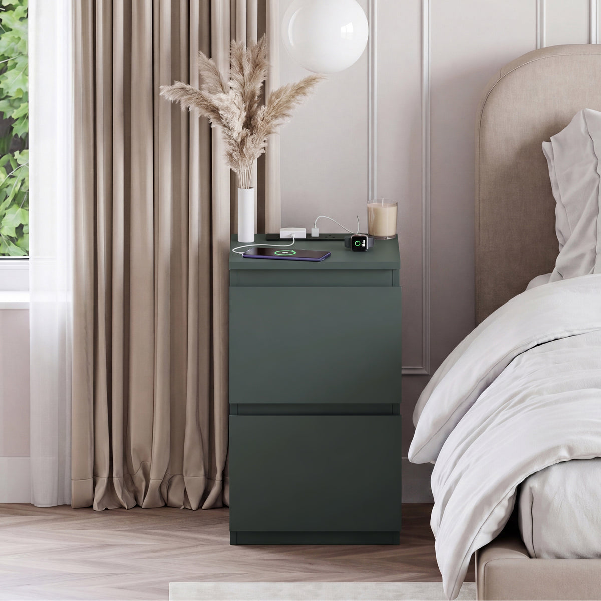 Denver 2 Drawer Bedside Chest Table with Power Outlet, Jasper Green