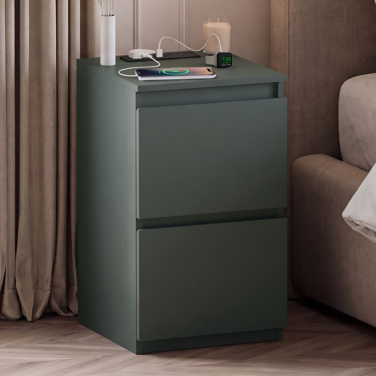 Denver 2 Drawer Bedside Chest Table with Power Outlet, Jasper Green